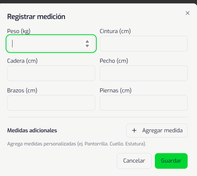 Formulario para registrar mediciones corporales y seguimiento de progreso