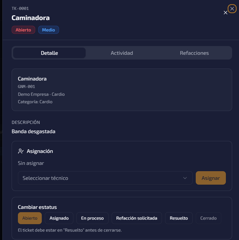 Ticket correctivo con asignación de técnico y estado en GymNexus Mantenimiento
