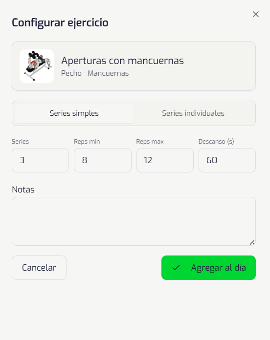 Configuración de un ejercicio con series, repeticiones y guía visual